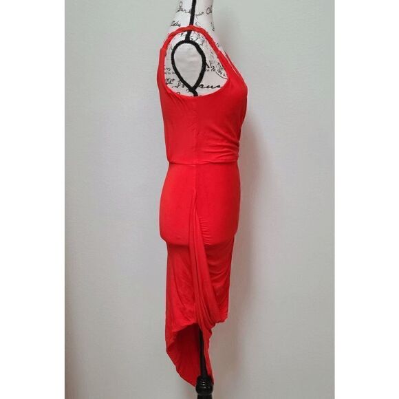 🧡 BEBE Twist Skirt Asymmetrical Hem Grecian Goddess Orange Dress Size XXS/TTP - Picture 4 of 12